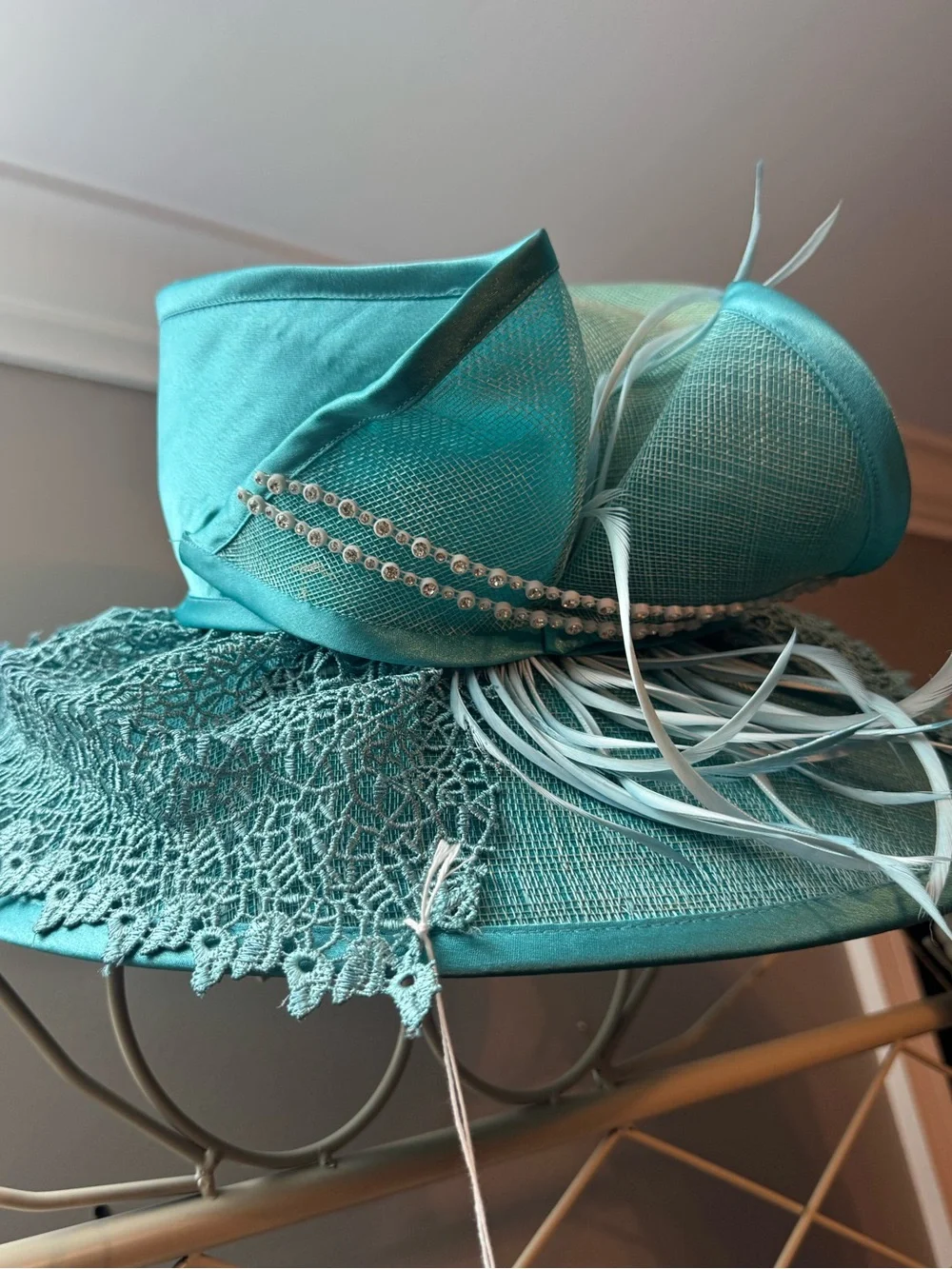 Champagne Italy Aqua Women's Dress Hat with Decorative Trim and box